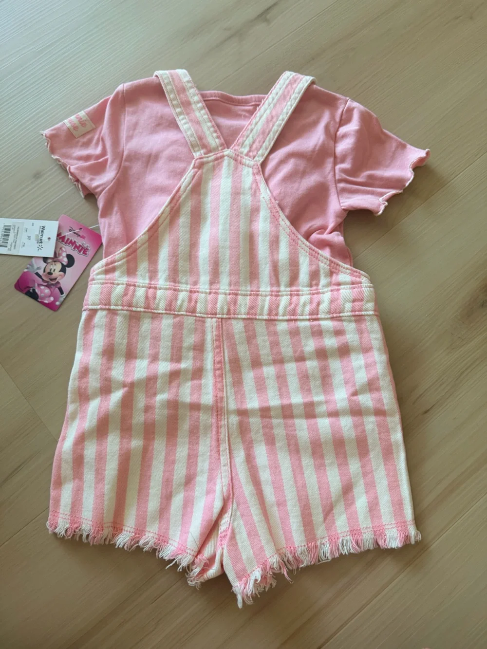 Disney Pink and White Striped Minnie Overalls with Pink Tee